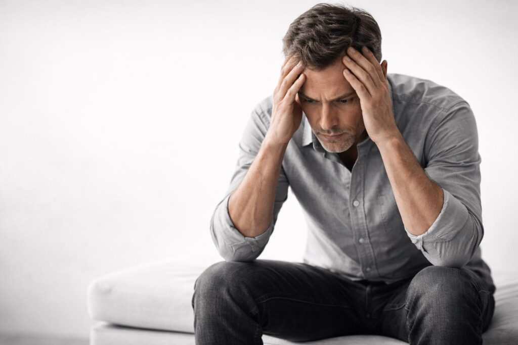 homem preocupado por sintomas de impotência devido a síndrome pós-finasterida
